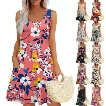 Женское повседневное платье-жилет с U-образным вырезом и цветочным принтом в стиле ретро с боковыми карманами L чёрный