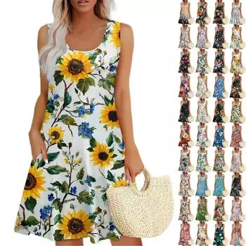 Женское повседневное платье-жилет с U-образным вырезом и цветочным принтом в стиле ретро с боковыми карманами L чёрный