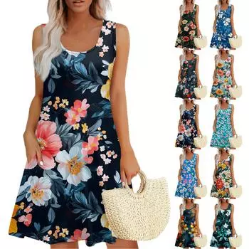 Женское повседневное платье-жилет с U-образным вырезом и цветочным принтом в стиле ретро с боковыми карманами L чёрный