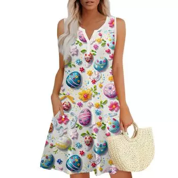 Женское повседневное платье-жилет с V-образным вырезом и боковыми карманами на пуговицах и пасхальным принтом L бежевый