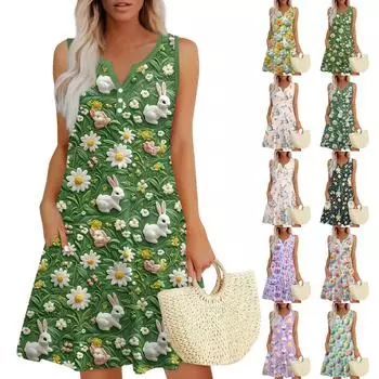 Женское повседневное платье-жилет с V-образным вырезом и боковыми карманами на пуговицах и пасхальным принтом L армия зеленый