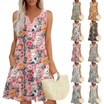 Женское повседневное платье-жилет с V-образным вырезом и боковыми карманами на пуговицах и пасхальным принтом L чёрный