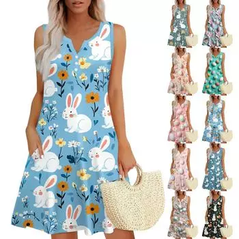 Женское повседневное платье-жилет с V-образным вырезом и боковыми карманами на пуговицах и пасхальным принтом L чёрный