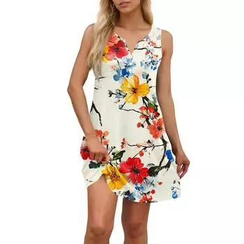 Женское повседневное платье-жилет с винтажным цветочным принтом, V-образным вырезом, пуговицами и боковыми карманами L бежевый