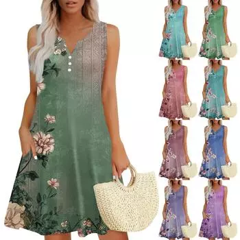 Женское повседневное платье-жилет с винтажным цветочным принтом, V-образным вырезом, пуговицами и боковыми карманами L армия зеленый