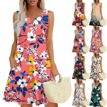 Женское повседневное платье-жилет с винтажным цветочным принтом, V-образным вырезом, пуговицами и боковыми карманами L бежевый