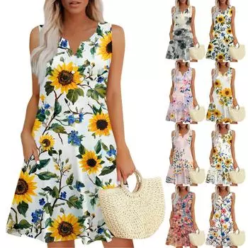 Женское повседневное платье-жилет с винтажным цветочным принтом, V-образным вырезом, пуговицами и боковыми карманами L бежевый