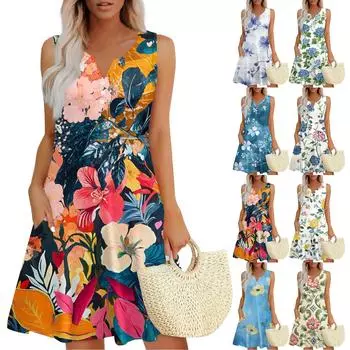 Женское повседневное платье-жилет с винтажным цветочным принтом, V-образным вырезом, пуговицами и боковыми карманами L бежевый