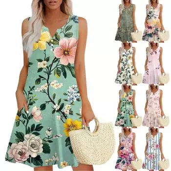 Женское повседневное платье-жилет с винтажным цветочным принтом, V-образным вырезом, пуговицами и боковыми карманами L армия зеленый