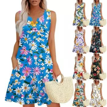 Женское повседневное платье-жилет с винтажным цветочным принтом, V-образным вырезом, пуговицами и боковыми карманами L синий