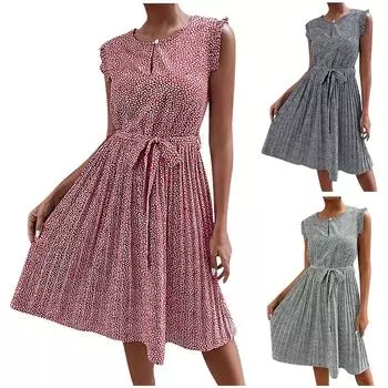 Женское повседневное плиссированное платье без рукавов с круглым вырезом и высокой талией L темно-зеленого