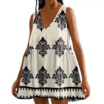 Женское повседневное пляжное платье без рукавов с принтом в горошек и V-образным вырезом, короткая юбка XXL бежевый