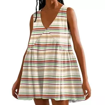 Женское повседневное пляжное платье без рукавов с принтом в горошек и V-образным вырезом, короткая юбка S хаки