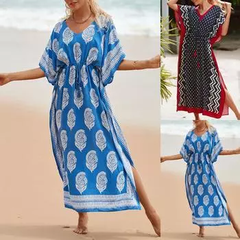 Женское повседневное пляжное платье бикини с v-образным вырезом и принтом для загара One Size синий