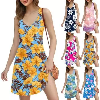 Женское повседневное пляжное платье с принтом в стиле бохо с карманами и V-образным вырезом XXL фиолетовый