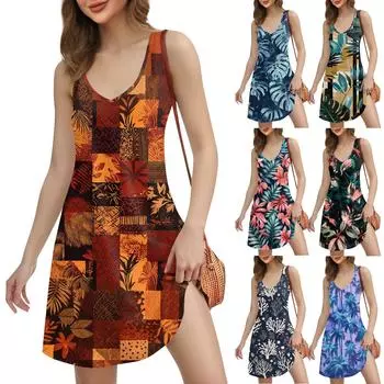 Женское повседневное пляжное платье с принтом в стиле бохо с карманами и V-образным вырезом XXXL хаки
