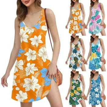 Женское повседневное пляжное платье с принтом в стиле бохо с карманами и V-образным вырезом S оранжевый