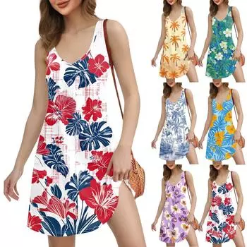 Женское повседневное пляжное платье с принтом в стиле бохо с карманами и V-образным вырезом S оранжевый