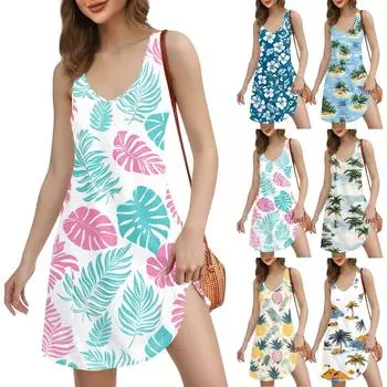 Женское повседневное пляжное платье с принтом в стиле бохо с карманами и V-образным вырезом M белый