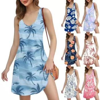 Женское повседневное пляжное платье с принтом в стиле бохо с карманами и V-образным вырезом XL