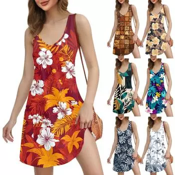 Женское повседневное пляжное платье с принтом в стиле бохо с карманами и V-образным вырезом M красный