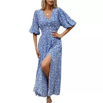 Женское повседневное пляжное платье с V-образным вырезом и рукавами, застегивающимися на талию. Платье с застежкой на талию. Пляжное платье. L синий