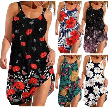 Женское повседневное пляжное платье в стиле бохо с цветочным принтом, милое струящееся платье-майка без рукавов XXL