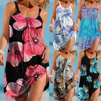 Женское повседневное пляжное платье в стиле бохо с цветочным принтом, милое струящееся мини-майка без рукавов XXL чёрный