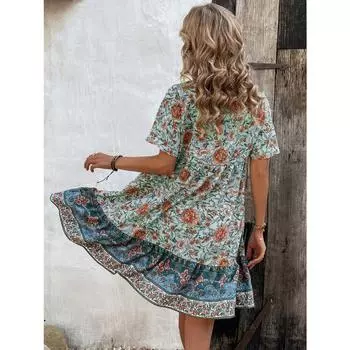 Женское повседневное пляжное платье в стиле бохо с цветочным принтом, завязывающимся вырезом и симпатичным силуэтом Babydoll для отпуска на пляже S синий