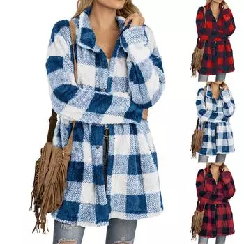 Женское повседневное плюшевое пальто с длинным рукавом, клетчатым лацканом, пуговицами и карманом XXL синий