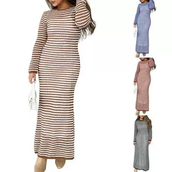 Женское повседневное полосатое платье-свитер с длинными рукавами, платье средней длины, облегающее платье L чёрный