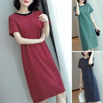 Женское повседневное полосатое среднее платье с коротким рукавом, свободное с круглым вырезом, летнее легкое удобное офисное пляжное платье 3XL красный