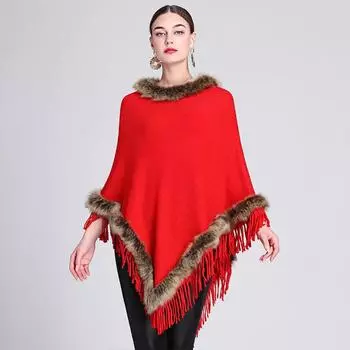 Женское повседневное пончо с кисточками, однотонная шаль-накидка с отделкой из искусственного меха, зимнее пальто без рукавов для женщин, теплый пуловер, роскошное пончо One Size бежевый
