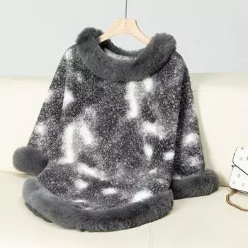 Женское повседневное пончо, шаль из искусственного меха, накидка с отделкой из искусственного меха, зимнее пальто без рукавов, теплый пуловер, роскошный вязаный свитер, пончо для женщин One Size серый