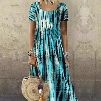 Женское повседневное повседневное богемное платье макси с коротким рукавом и принтом больших размеров S зелёный