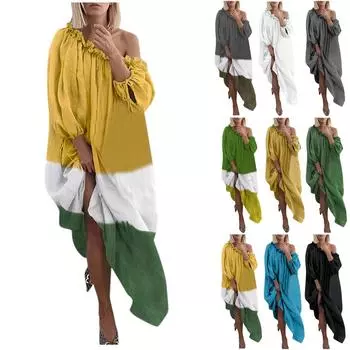 Женское повседневное повседневное платье больших размеров с открытыми плечами, винтажное однотонное свободное платье макси в стиле бохо в стиле бохо L синий