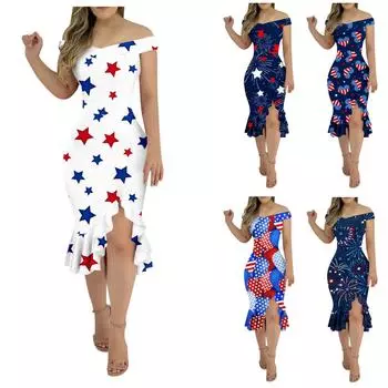 Женское повседневное праздничное платье, юбка с принтом в честь Дня независимости и боковым разрезом, однотонное платье с крестом, сексуальное платье с открытой спиной XXL