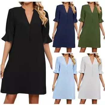 Женское повседневное простое летнее свободное плиссированное платье с v-образным вырезом и рукавом пять четвертей L армия зеленый