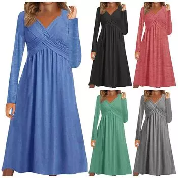 Женское повседневное пуловер с круглым вырезом и длинными рукавами, рюшами, перекрещенным платьем, платье с длинными рукавами S синий