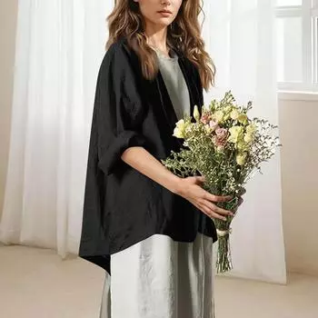 Женское повседневное рабочее пальто с длинным рукавом и V-образным вырезом на одной пуговице, однотонное M чёрный