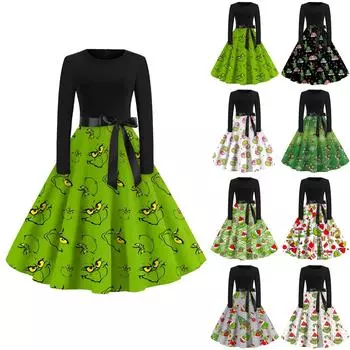 Женское повседневное рождественское платье с круглым вырезом и широкими рукавами, облегающее платье L армия зеленый