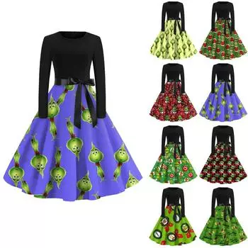 Женское повседневное рождественское платье с круглым вырезом и широкими рукавами, облегающее платье XXL