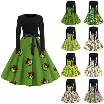 Женское повседневное рождественское платье с круглым вырезом и широкими рукавами, облегающее платье XXL зелёный