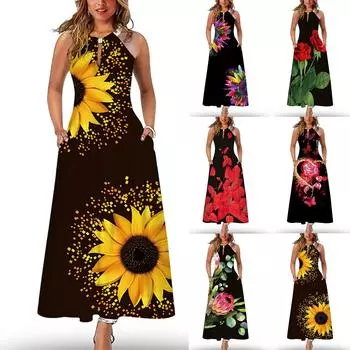 Женское повседневное сексуальное длинное платье с круглым вырезом и металлической пуговицей с принтом XXL зелёный