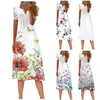 Женское повседневное сексуальное кружевное лоскутное однобортное платье с коротким рукавом и принтом