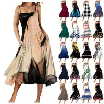 Женское повседневное сексуальное модное платье на подтяжках с принтом, свободное большое распашное платье M синий