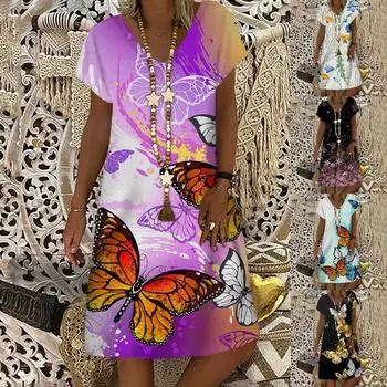 Женское повседневное сексуальное модное свободное длинное платье с v-образным вырезом и коротким рукавом