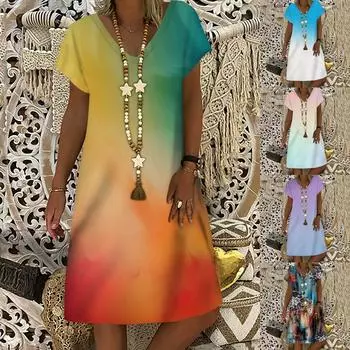 Женское повседневное сексуальное модное свободное длинное платье с v-образным вырезом и коротким рукавом