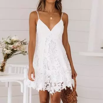 Женское повседневное сексуальное однотонное кружевное платье с v-образным вырезом и открытой спиной M белый