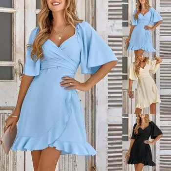 Женское повседневное сексуальное однотонное платье трапециевидной формы с рукавом пять четвертей и высокой талией с v-образным вырезом S бежевый